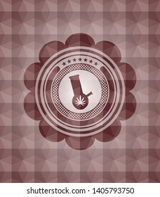 bong of marijuana icon inside red emblem or badge with geometric pattern background. Seamless.
