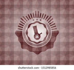 bong of marijuana icon inside red seamless emblem with geometric pattern background.
