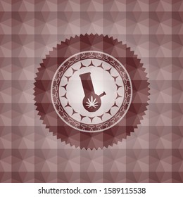 bong of marijuana icon inside red badge with geometric pattern background. Seamless.