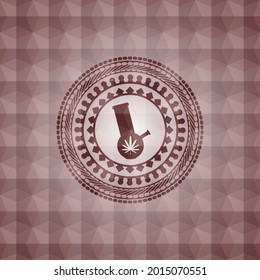 bong of marijuana icon inside red emblem with geometric background. Seamless. 