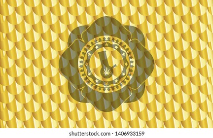 bong of marijuana icon inside shiny golden badge. Scales pattern. Vector Illustration. Detailed.