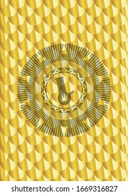 ícono de marihuana dentro de una brillante insignia dorada. Patrón de escalas. Ilustración vectorial. Detallado.