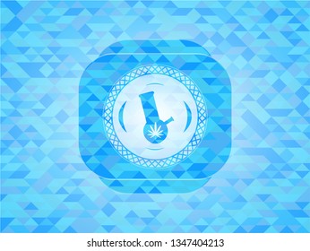 bong of marijuana icon inside sky blue emblem with triangle mosaic background