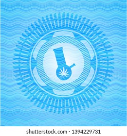 bong of marijuana icon inside sky blue water wave badge.