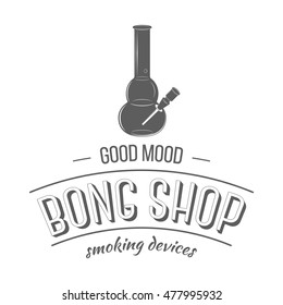 Bong shop logo template. Label in modern style isolated on white background. Emblem for smoking devices store advertising. Monochrome vector illustration.