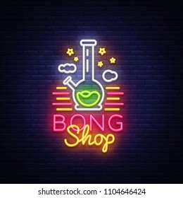 Bong Shop neon sign. Logo design template for shop advertising or signage. Tobacco Smoking Apparatus. Vector illustration