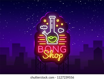 Bong Shop neon sign. Logo design template for shop advertising or signage. Tobacco Smoking Apparatus. Vector illustration. Billboard