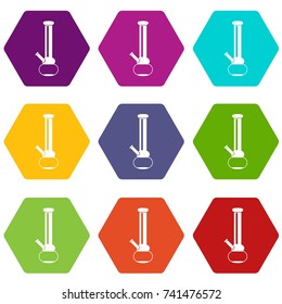 Bong for smoking marijuana icon set many color hexahedron isolated on white vector illustration