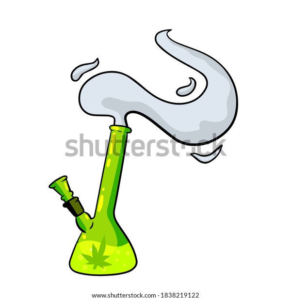 Bong for\
Smoking tobacco and marijuana. Drug dependence. Glass bottle for\
cannabis. Gray smoke. Cartoon\
concept