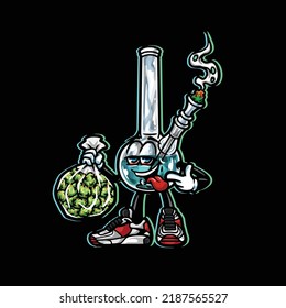 bong vector hold weed nug bag and smoking blunt cannabis bud flower marijuana and happy face
