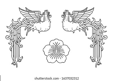 'Bonghwang' and 'Mugunghwa', Vector line art illustration. 'Bonghwang' means phoenix in Korean. 'Mugunghwa' means rose of sharon in Korean. These birds and flowers symbolize the Blue House in Korea.