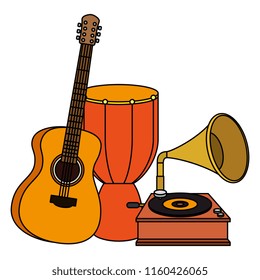 bongo drum with gramophone and guitar