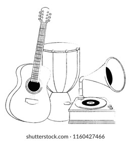 bongo drum with gramophone and guitar