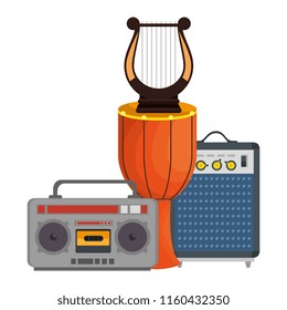 bongo drum with harp and radio