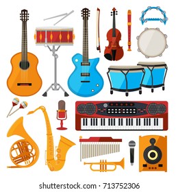 Bongo, drums, guitar and other musical instruments. Vector illustrations in cartoon style. Piano and saxophone, guitar and trumpet