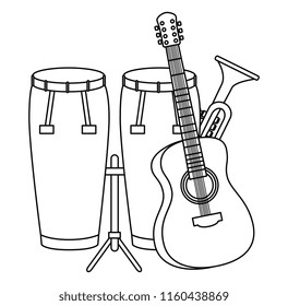 bongo drums with guitar and trumpet instruments