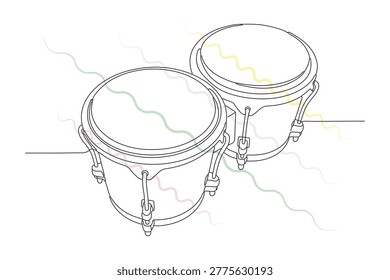 Bongos drawn in single line art, representing music, percussion instruments, rhythm, sound, performance, melodic.