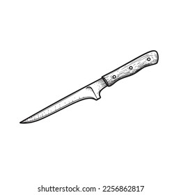 Boning knife with wooden handle. Butcher and kitchen utensil. Chef's tool. Hand drawn sketch style drawing. Vector illustration.