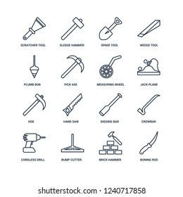 Boning rod, Brick hammer, Bump cutter, Cordless drill, Crowbar, Scratcher tool, Plumb bob, Hoe, Measuring wheel outline vector icons from 16 set