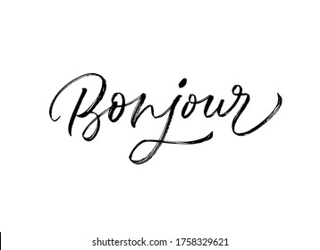 Bonjour black brush vector calligraphy isolated on white background. Hand drawn ink lettering. Hello phrase in French. Modern brush calligraphy. T shirt decorative print. 