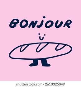 Bonjour. Cute funny baguette. Smiling character. Outline illustration on pink background.