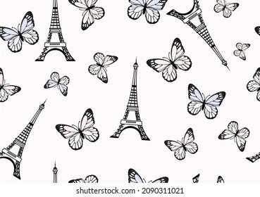 bonjour france seamless pattern texture  paris eifell tower vector design butterfly bonjour Paris  Eiffel Tower and butterflies seamless pattern texture wallpaper background design etc