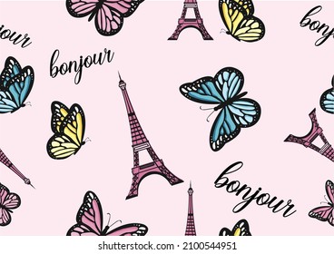 bonjour france seamless pattern texture  paris eifell tower vector design butterfly bonjour Paris  Eiffel Tower and butterflies seamless pattern texture wallpaper background design etc