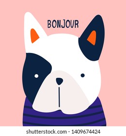 Bonjour. French bulldog. Little puppy with blue striped shirt. Cute funny character. Hand drawn vector greeting card. Colored trendy illustration. Flat design