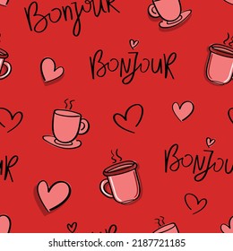 Bonjour, good morning or hello in French text, heart and coffee drawings. Seamless pattern repeating texture background design for fashion graphics, textile prints, fabrics.