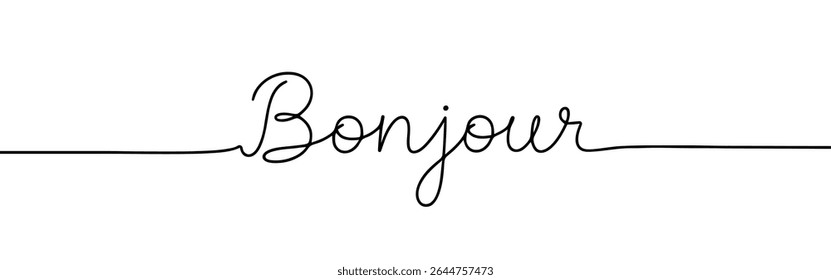 Bonjour greeting continuous one line drawing with word. Minimalistic drawing of phrase illustration.