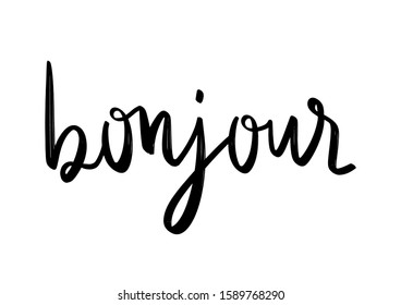 Bonjour hand lettering on white background. Hello in french.