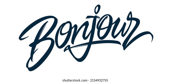 Bonjour handwritten vector inscription. French phrase Bonjour!