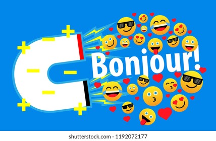 bonjour has mean hello, beautiful greeting card background, poster or banner with magnet mood or smile theme. design vector illustration