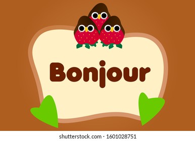 bonjour has mean hello, beautiful greeting card background or template banner with cute animal character theme. vector design illustration