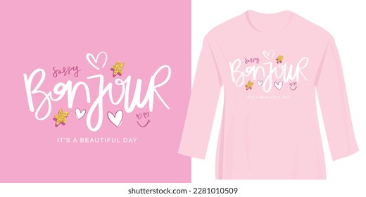 Bonjour, hello in French. Cute cartoon drawings on pink. Vector illustration design for kids fashion graphics, t shirt prints.