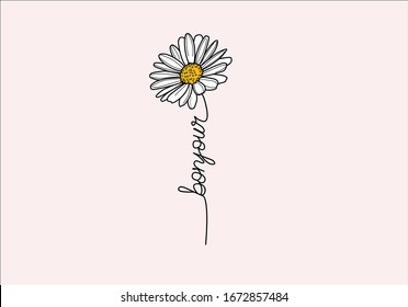 Bonjour  (Hello in French) with daisy flower with hand writing
