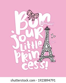 Bonjour, hello in French language slogan and Eiffel Tower drawing illustration design for fashion graphics, t shirt prints, posters, stickers etc