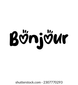 Bonjour hello in french phrase handwritten by one line. Monoline vector text element isolated on white background. Simple inscription