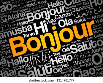 Bonjour (Hello Greeting in French) word cloud in different languages of the world