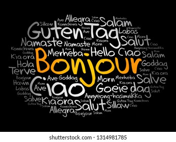 Bonjour (Hello Greeting in French) word cloud in different languages of the world