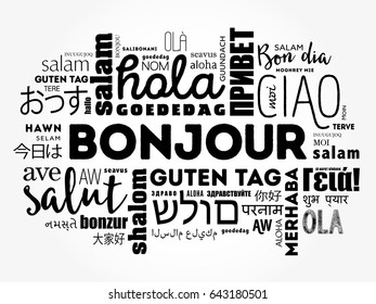 Bonjour (Hello Greeting in French) word cloud in different languages of the world, background concept