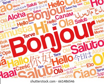 Bonjour (Hello Greeting in French) word cloud in different languages of the world, background concept