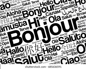 Bonjour (Hello Greeting in French) word cloud in different languages of the world, background concept