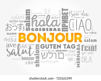 Bonjour (Hello Greeting in French) word cloud in different languages of the world, background concept