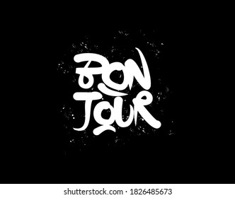 Bonjour (Hello) Lettering Text on Black background in vector illustration