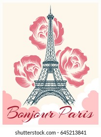 Bonjour or hello Paris retro poster. French spring and summer vector illustration with eiffel tower and flowers for girls fashion design