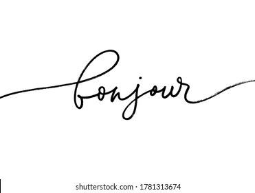 Bonjour ink brush pen vector lettering. Modern word handwritten vector calligraphy. Hello in French language. Hand drawn black text isolated on white background. Postcard, greeting card, t shirt print