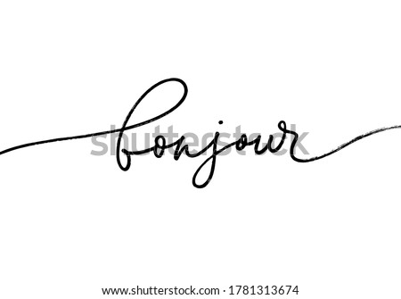 Bonjour ink brush pen vector lettering. Modern word handwritten vector calligraphy. Hello in French language. Hand drawn black text isolated on white background. Postcard, greeting card, t shirt print
