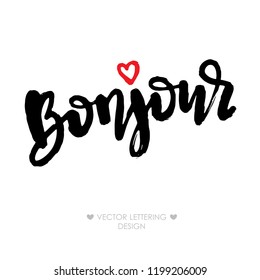 Bonjour lettering phrase with small red heart. Hello in French. Brush illustration. Modern calligraphy quote, isolated on white background.