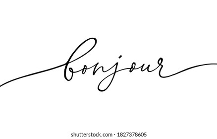 Bonjour modern brush vector calligraphy. Hand drawn brush style quote. Hello word in French. Lettering for banner, poster and sticker concept with text Hello. Icon message isolated on white background